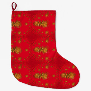 Grande Chaussette De Noël étoiles d'or fractal, arrière - plan rouge