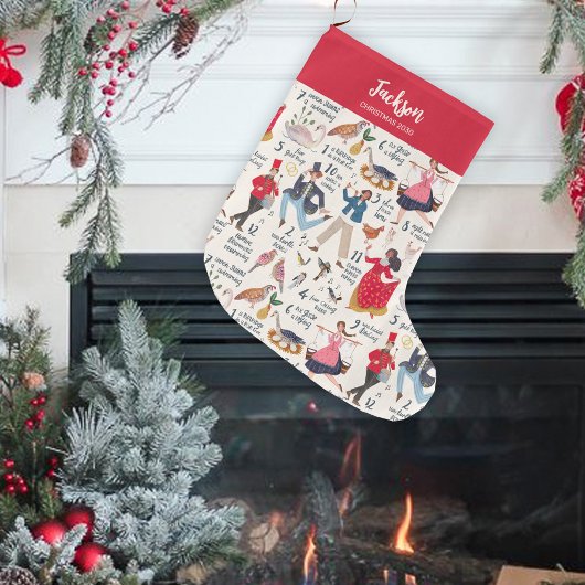 Grande Chaussette De Noël Fa La La 12 jours de Noël Ecru