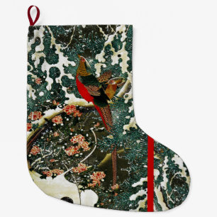 Grande Chaussette De Noël Faisans dans la neige, pin, roses, floral japonais
