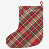 Grande Chaussette De Noël Farmhouse Plaid Personnalisée Script Rouge Personn (Dos)
