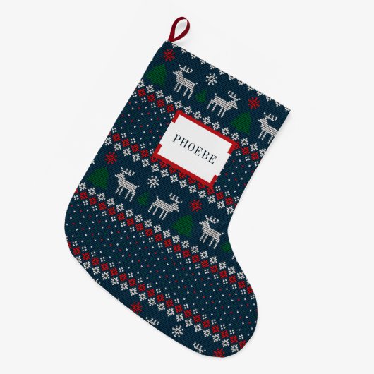 Grande Chaussette De Noël Faux Tricot Motif sapin de Noël et cerf (Devant (Accrochage))