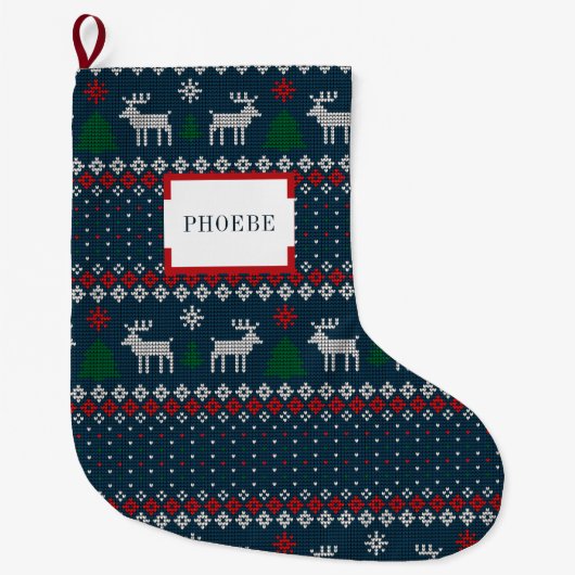 Grande Chaussette De Noël Faux Tricot Motif sapin de Noël et cerf (Devant)