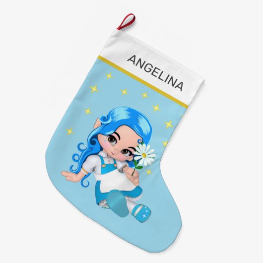 Grande Chaussette De Noël Fée céleste fille & étoiles sur bleu clair (Devant (Accrochage))