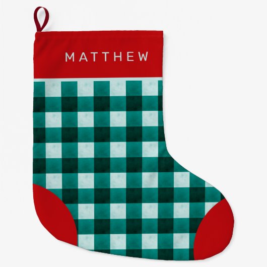 Grande Chaussette De Noël Ferme Chèque Buffle vert Turquoise Plaid avec nom (Devant)