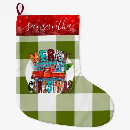 Grande Chaussette De Noël Ferme Van Vert Blanc Joyeux Noël Stocker (Devant)