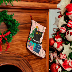 Grande Chaussette De Noël Festif Joyeux Noël mignon Chat noir Café rose