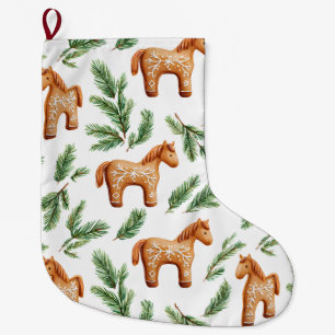 Grande Chaussette De Noël Festif Pain d'épices Cheval & Motif de pin