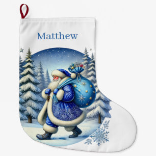 Grande Chaussette De Noël Festive bleu Noël Père Noël ajouter le nom