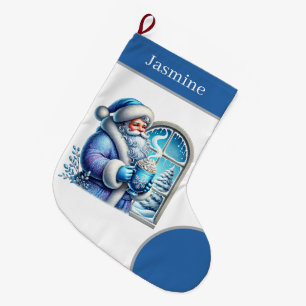 Grande Chaussette De Noël Festive bleu Noël Père Noël ajouter le nom