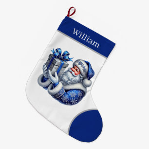 Grande Chaussette De Noël Festive bleu Noël Père Noël ajouter le nom