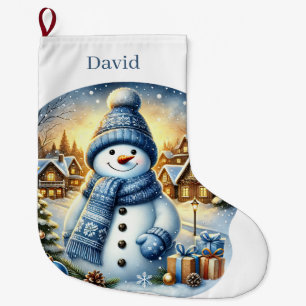 Grande Chaussette De Noël Festive blue snowman ajouter nom