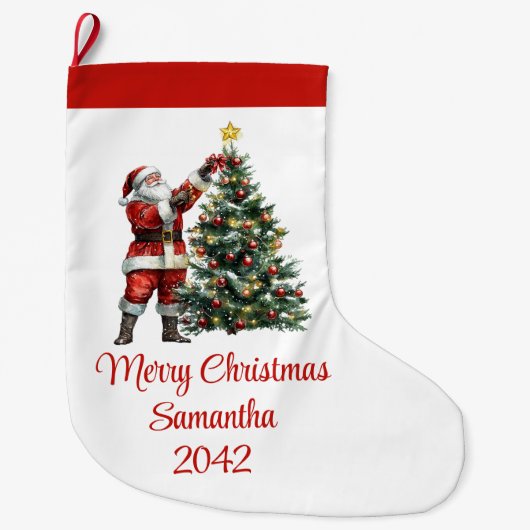 Grande Chaussette De Noël Festive Chic Santa Claus Red White Rustic Holiday (Devant)