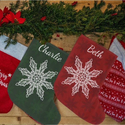 Grande Chaussette De Noël Festive Green Red & White Snowflake Personalized