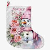 Grande Chaussette De Noël Festive rose neigeuse ajouter nom (Devant)