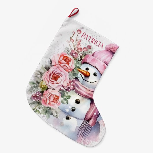Grande Chaussette De Noël Festive rose neigeuse ajouter nom (Devant (Accrochage))