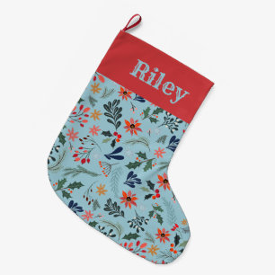 Grande Chaussette De Noël Fête Feuille Poinsettia Berries