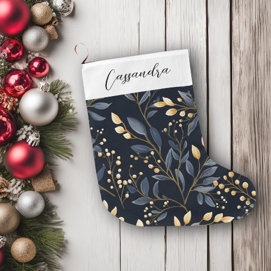 Grande Chaussette De Noël Feuille de Noël bleu et or moderne