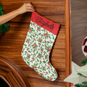 Grande Chaussette De Noël Feuilles et baies rouges et verts