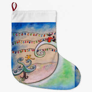 Grande Chaussette De Noël Fille et chat de l'hiver