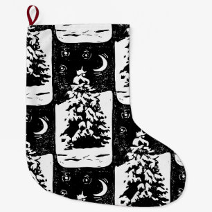Grande Chaussette De Noël Fir Tree in Snowy Paysage Lino Imprimer