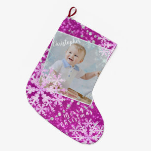 Grande Chaussette De Noël Flacons de neige Magenta