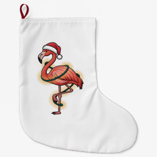 Grande Chaussette De Noël Flamant Rose Enveloppé De Lumières De Noël