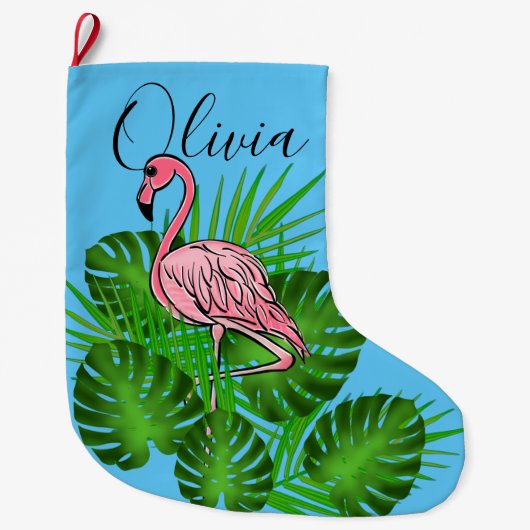 Grande Chaussette De Noël Flamant rose rose, Feuilles tropicaux (Devant)