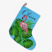 Grande Chaussette De Noël Flamant rose rose, Feuilles tropicaux (Devant (Accrochage))