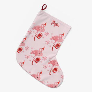 Grande Chaussette De Noël Flamant rose rose Tropical Beach Bird Noël personn
