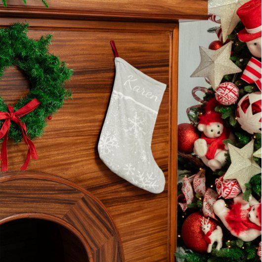 Grande Chaussette De Noël Flammes de neige en argent et blanc