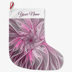 Grande Chaussette De Noël Fleur étoile rose fractale motif floral Nom person