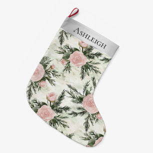 Grande Chaussette De Noël Fleurs blanches roses argentées Noël