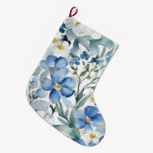 Grande Chaussette De Noël Fleurs Bleues Blancs Aquarelle Chic (Devant (Accrochage))