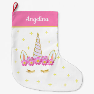 Grande Chaussette De Noël Fleurs de licorne et étoiles sur fond rose et blan