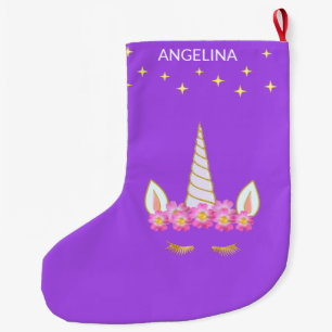 Grande Chaussette De Noël Fleurs de licorne et étoiles sur violet