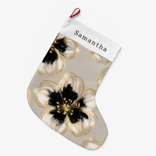 Grande Chaussette De Noël Fleurs de Noël Crème Ivoire Noir Or
