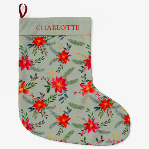 Grande Chaussette De Noël Fleurs de Noël personnalisées rouges festives
