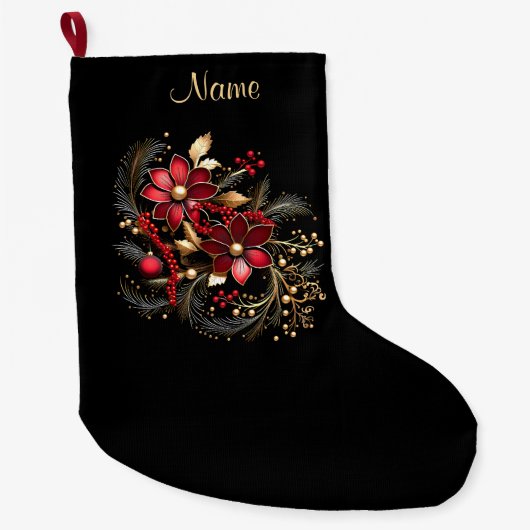 Grande Chaussette De Noël Fleurs décoratives rouges Lieu de vacances (Devant)