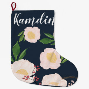 Grande Chaussette De Noël Fleurs florales blanches personnalisées sur fond f