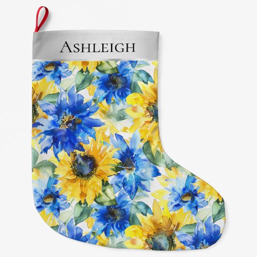 Grande Chaussette De Noël Fleurs Jaunes Bleues Argent Noël (Devant)