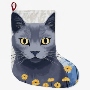 Grande Chaussette De Noël Fleurs Jaunes Chat Bleu Russe