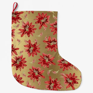 Grande Chaussette De Noël Fleurs rouges de cactus de Noël sur or brillant