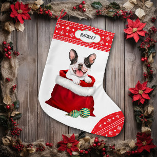 Grande Chaussette De Noël Flocon de neige Frontière Français Bulldog Cadeau