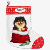 Grande Chaussette De Noël Flocon de neige Noir Tan Pomeranien Cadeau Surpris (Devant)