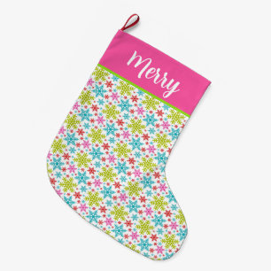 Grande Chaussette De Noël Flocons de neige colorés Rétro Noël Nom personnali