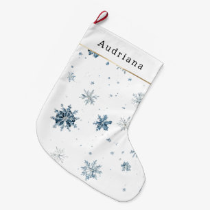 Grande Chaussette De Noël Flocons de neige d'hiver bleu blanc  