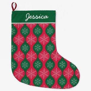 Grande Chaussette De Noël Flocons de Noël sur Ogee personnalisé rouge vert