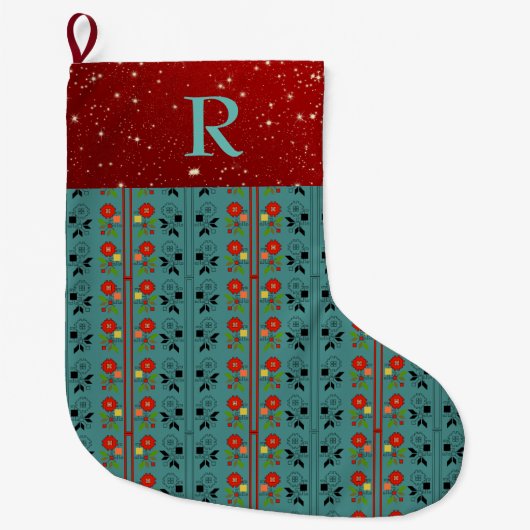 Grande Chaussette De Noël Folklore Noël Stocker Turquoise Rouge (Devant)