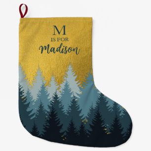 Grande Chaussette De Noël Forêt Arbres Golden Paysage Baby Monogramme