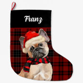Grande Chaussette De Noël Frenchie Bulldog and Red Plaid with Dog's Name (Devant)